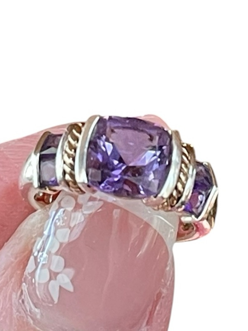 Michelle Albala Sterling +14K Bezel Set Open Back Amethyst Ring-Size 6